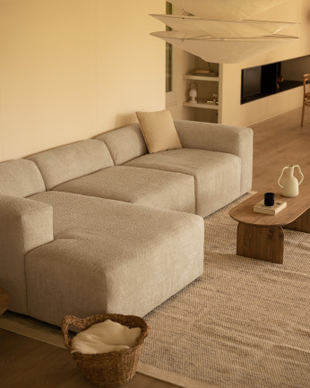 Divano con 3 moduli e chaise longue in bouclé di colore grigio chiaro 330x172cm