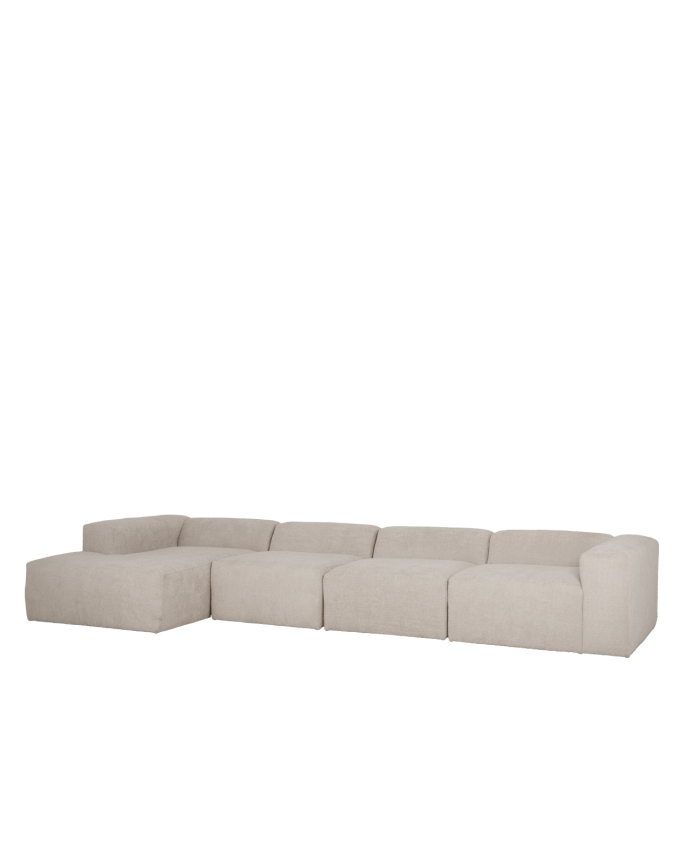 Divano a 4 moduli con chaise longue in bouclé di colore grigio chiaro 420x172cm