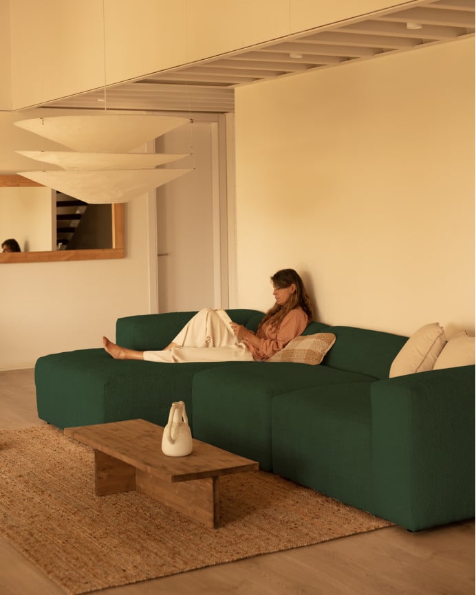 Divano a 3 moduli con chaise longue in bouclé verde 330x172cm