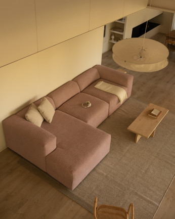 Divano a 3 moduli con chaise longue in bouclé rosa 330x172cm