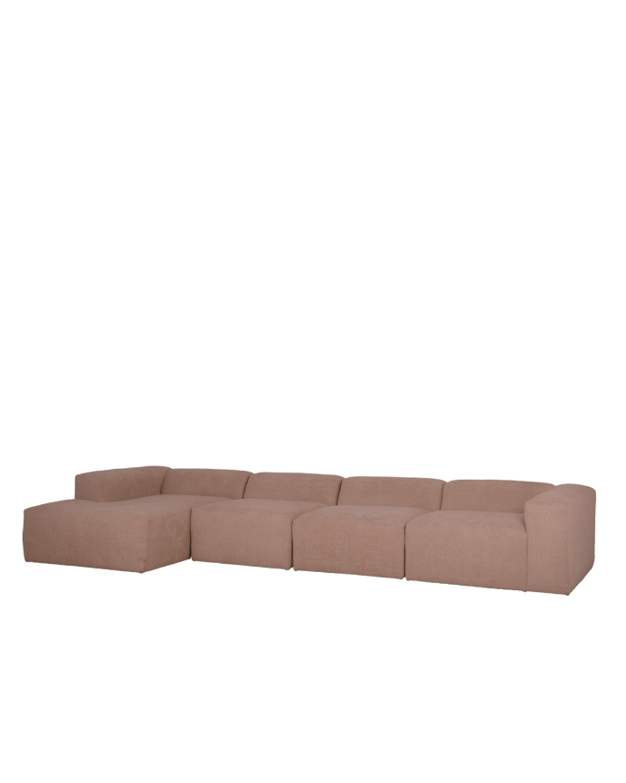 Divano a 4 moduli con chaise longue in bouclé rosa 420x172cm