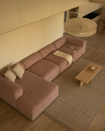 Divano a 4 moduli con chaise longue in bouclé rosa 420x172cm