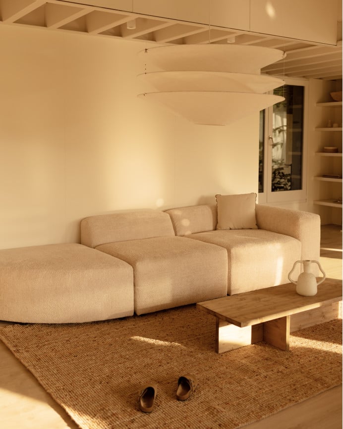 Divano a 3 moduli con curva di bouclé colore beige 320x110cm