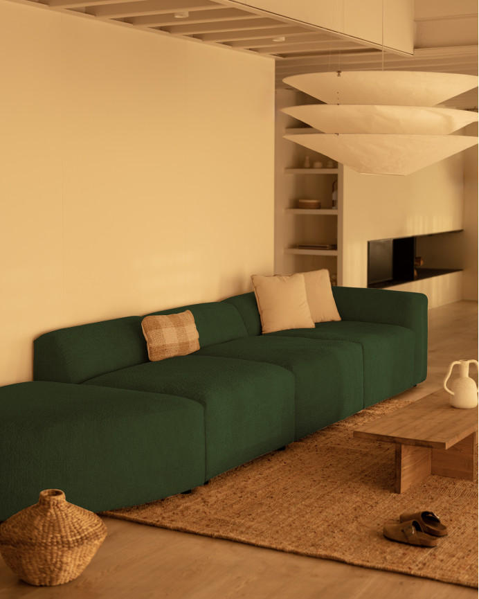 Divano a 4 moduli con curva in bouclé verde 410x110cm