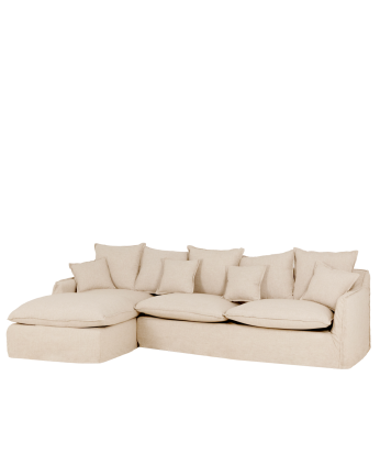 Divano con chaise longue in cotone e lino sfoderabile colore beige varie misure