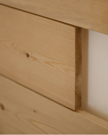 Testata di letto in legno massello asimmetrico in tono di rovere medio di varie dimensioni.