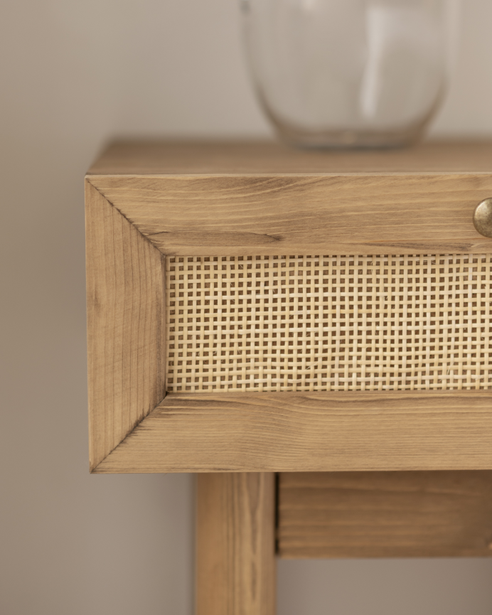 Pack de 2 comodini in legno massello e rattan con un cassetto tono rovere scuro da 40x45cm