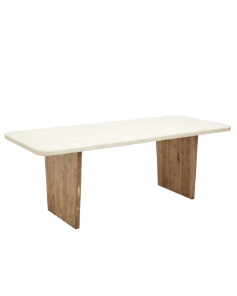 Tavolo da pranzo in microcemento colore bianco rotto con gambe in legno colore rovere scuro in diverse misure