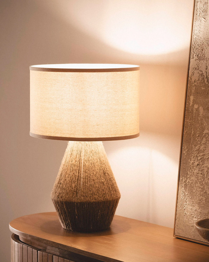 Lampada da tavolo di corda e lino beige di 52cm
