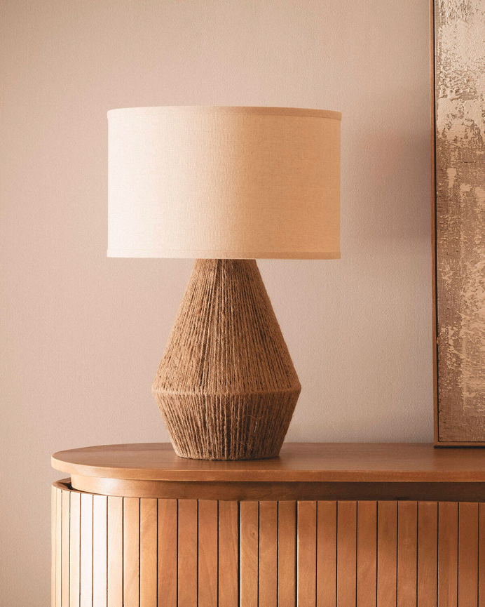 Lampada da tavolo di corda e lino beige di 52cm