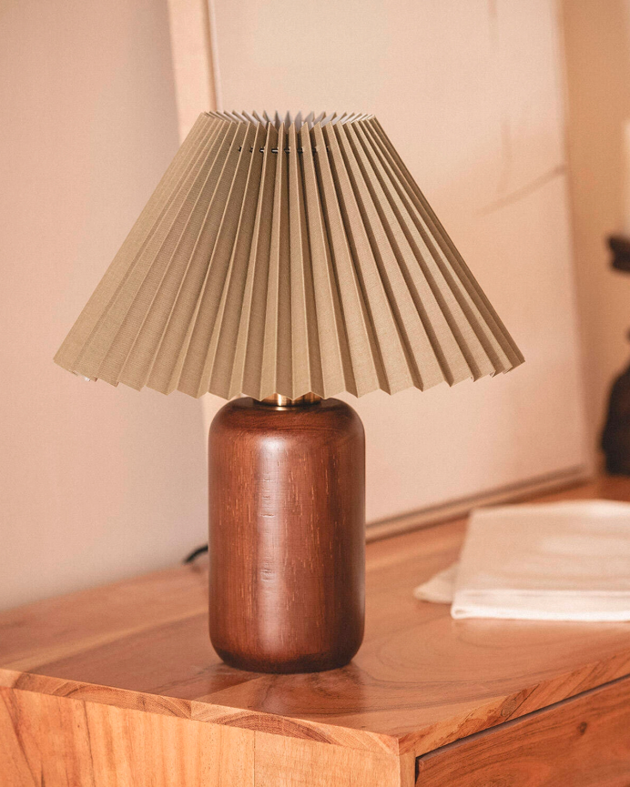Lampada da tavolo di legno e tessuto kaki di 35cm
