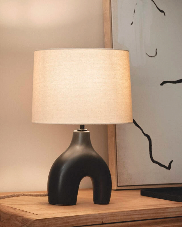 Lampada da tavolo in ceramica e lino nero 47cm