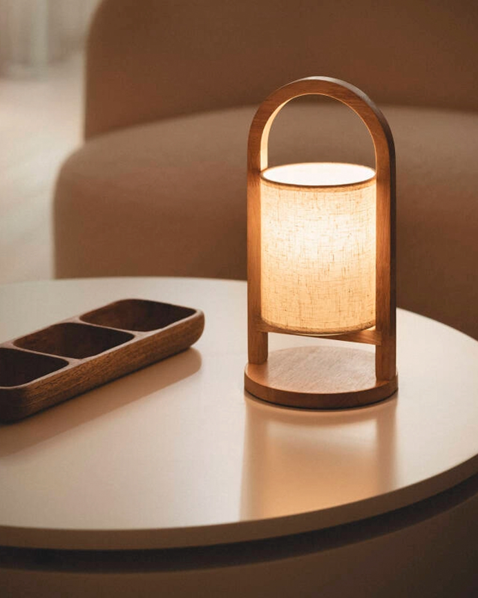 Lampada da tavolo in legno e tessuto naturale 30cm