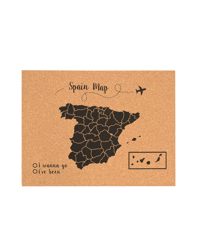 Mapa de cortiça da Espanha com fundo preto várias medidas