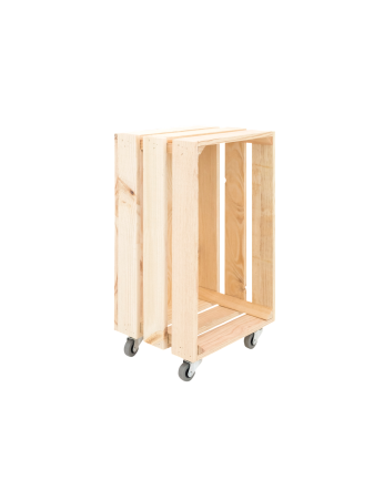 Caixa grande de madeira maciça em tom natural com rodas verticais 305x255x49 cm