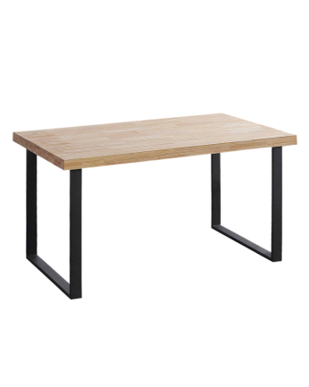 Mesa de madeira maciça com acabamento natural com pés de ferro preto em vários tamanhos