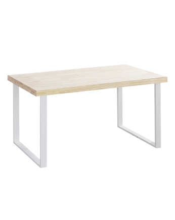 Mesa de jantar de madeira maciça em tom natural com pernas de ferro branco de 140x80cm