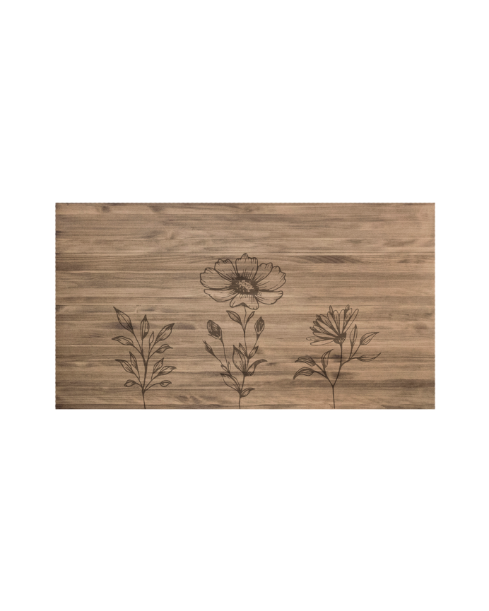  Cabeceira de madeira maciça estampada com motivo de três flores em tom carvalho escuro em vários tamanhos