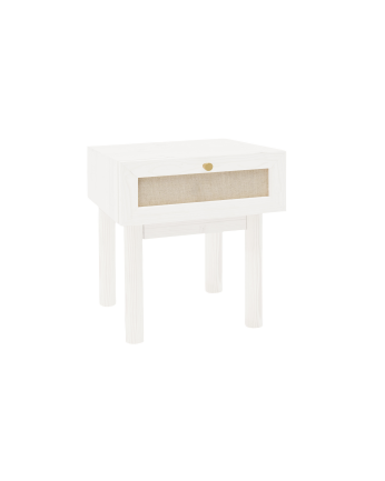 Mesa de cabeceira em madeira maciça e linho com gaveta branca 40x45cm