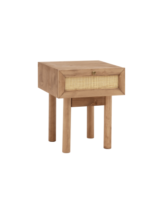 Mesa de cabeceira em madeira maciça e ráfia com gaveta 40x45cm em tom carvalho escuro