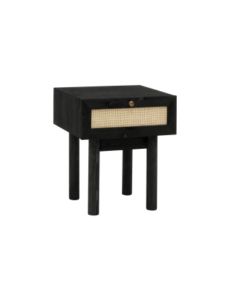 Mesa de cabeceira em madeira maciça e ráfia com gaveta preta 40x45cm