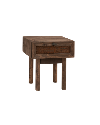 Mesa de cabeceira em madeira maciça e cannage com gaveta 40x45cm em tom nogueira