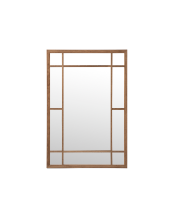 Espelho de parede retangular tipo janela em madeira com acabamento em carvalho escuro