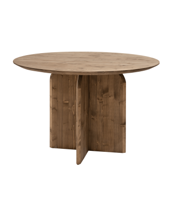 Mesa de jantar redonda de madeira maciça em tom carvalho escuro de 110 cm