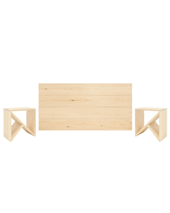 Cabeceira e mesinhas laterais em madeira maciça em tom natural de vários tamanhos