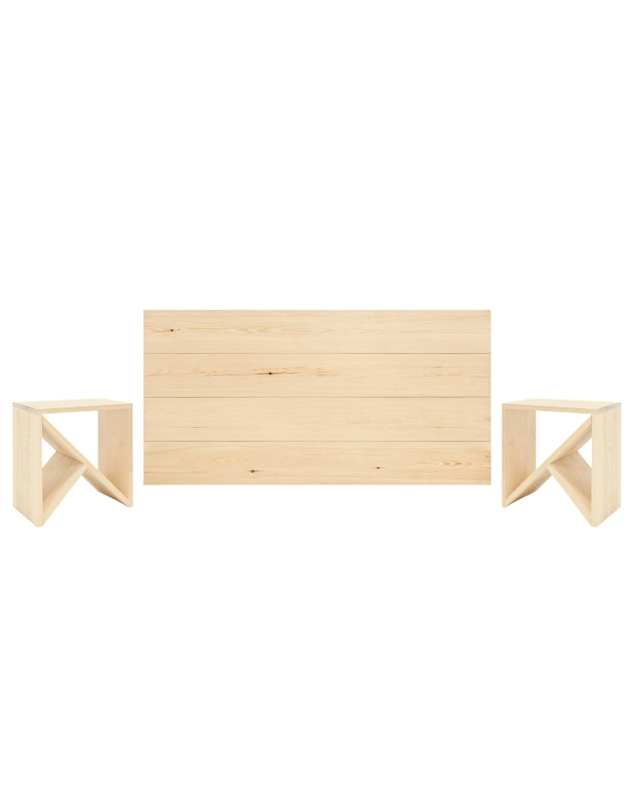 Cabeceira e mesinhas laterais em madeira maciça em tom natural de vários tamanhos