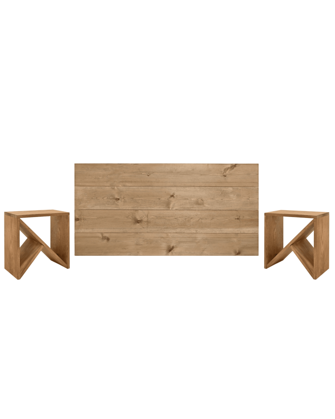 Pacote de cabeceira e mesas laterais em madeira maciça em tom carvalho escuro em vários tamanhos