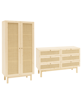 Conjunto de guarda-roupa e cômoda com 6 gavetas de madeira maciça e ráfia em tom natural
