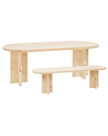 Pack mesa de jantar oval e banco de madeira maciça em tom natural de vários tamanhos