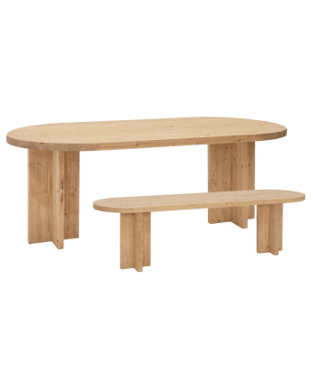 Pack mesa de jantar oval e banco de madeira maciça em tom carvalho médio de vários tamanhos
