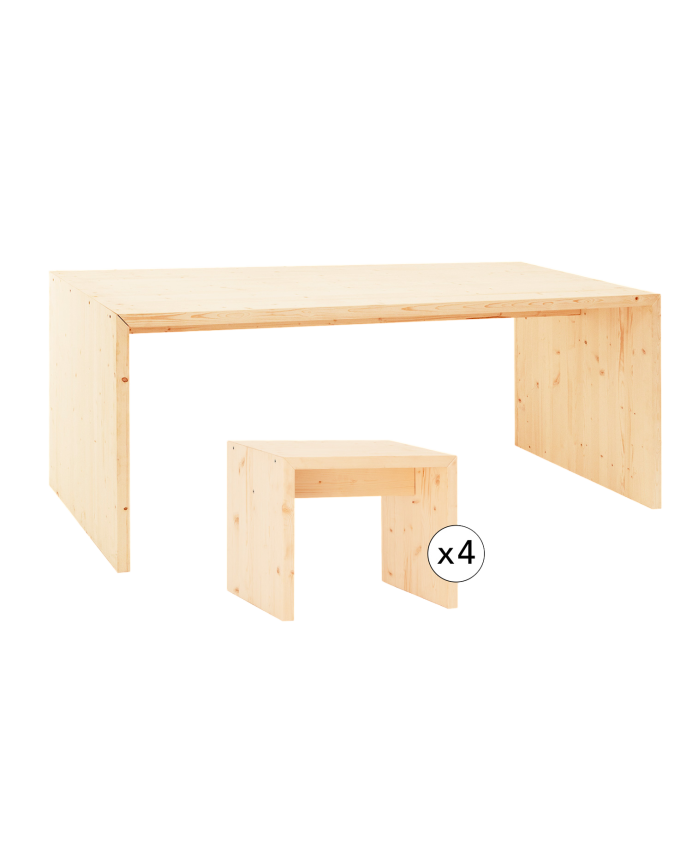 Conjunto de mesa de jantar e 4 bancos de madeira maciça em tom natural de 120 cm