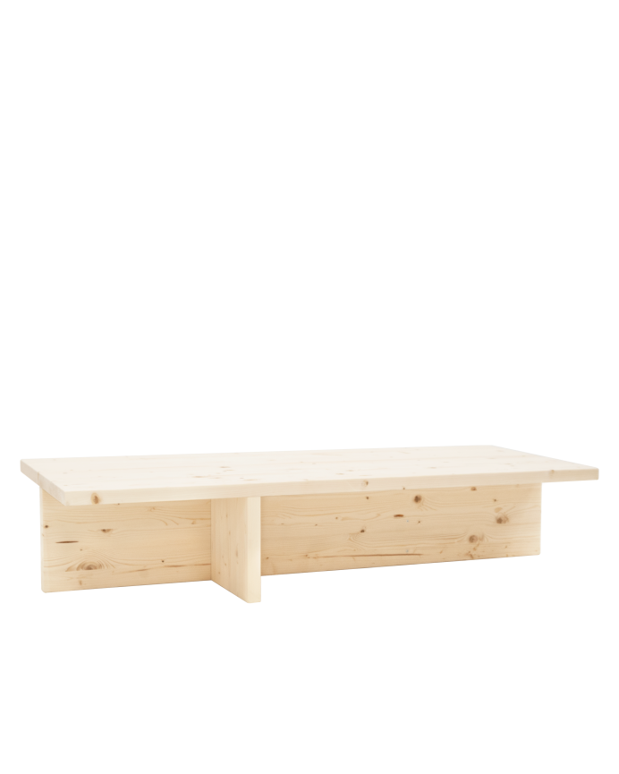 Mesa de centro de madeira maciça em tom natural medindo 123,5x27cm