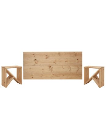 Pacote de cabeceira e mesas laterais em madeira maciça em tom carvalho médio em vários tamanhos