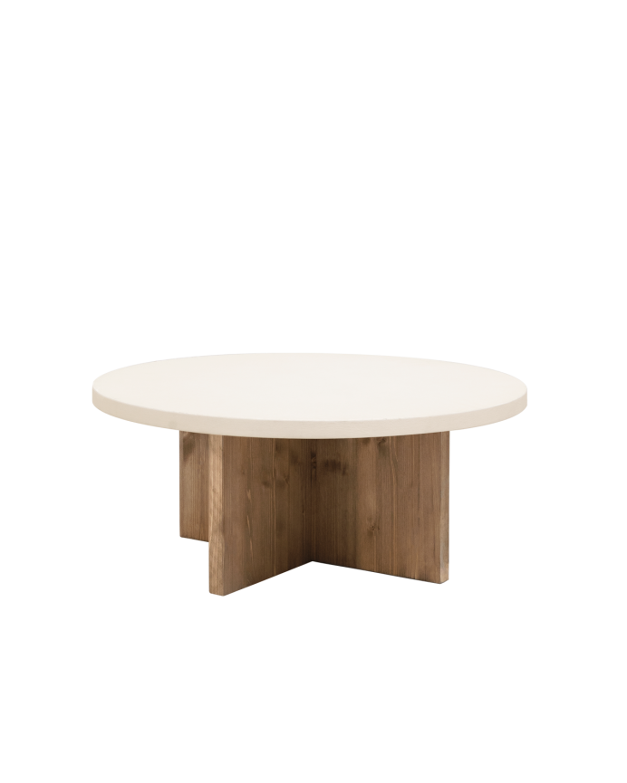  Mesa de centro redonda de microcimento em tom off-white com pés em madeira de carvalho escuro em vários tamanhos