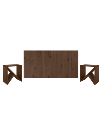 Pacote de cabeceiras e mesas laterais em madeira maciça em tom nogueira em vários tamanhos