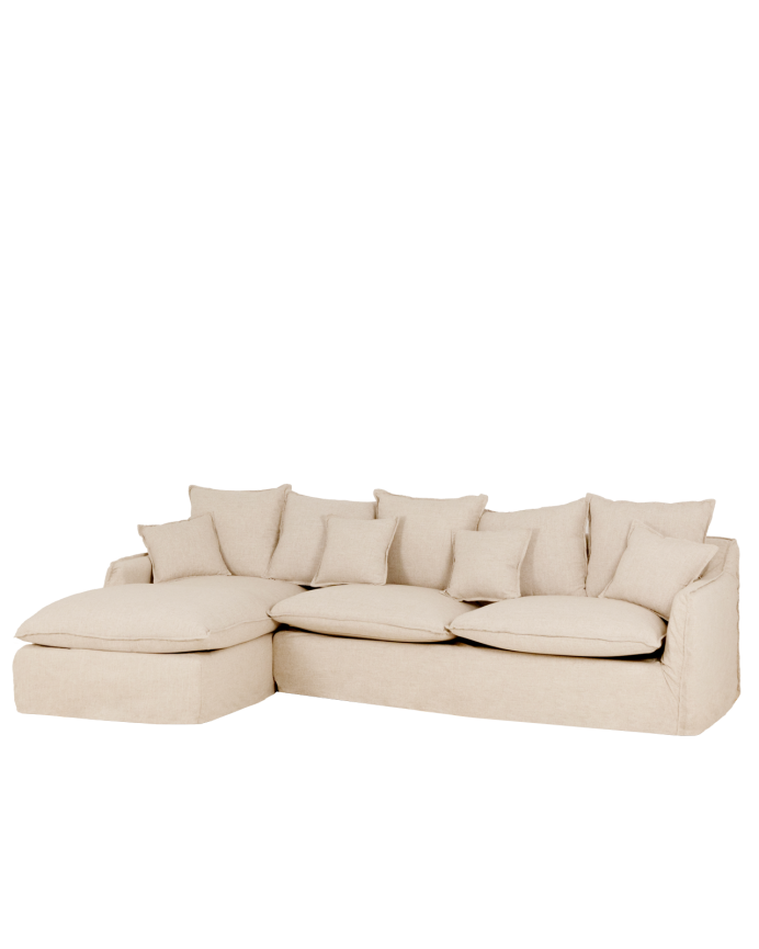 Sofá com chaise longue em algodão e linho com capas removíveis bege vários tamanhos