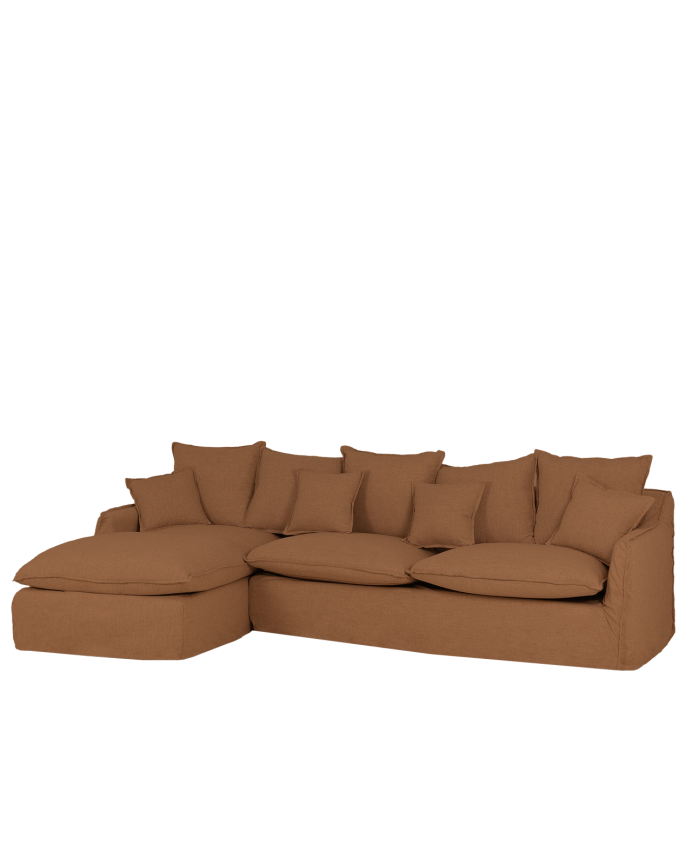 Sofá com chaise longue em algodão e linho com capas removíveis na cor azulejo vários tamanhos