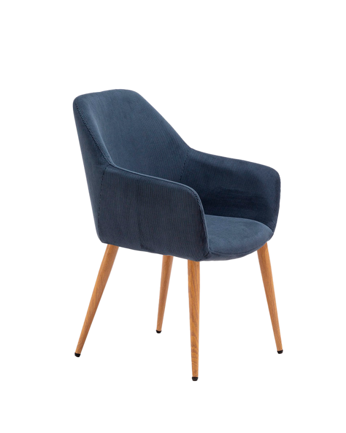  Cadeira de veludo azul com pernas de metal em tom carvalho de 91 cm