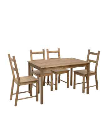 Pacote de mesa de jantar e 4 cadeiras de madeira maciça em tom carvalho escuro de 120 cm