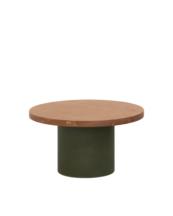 Mesa de centro redonda de madeira maciça em tom de carvalho escuro e perna de microcimento em tom verde de várias medidas