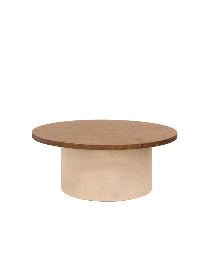 Mesa de centro redonda de madeira maciça em tom de carvalho escuro e perna de microcimento em tom terra de 80x30cm