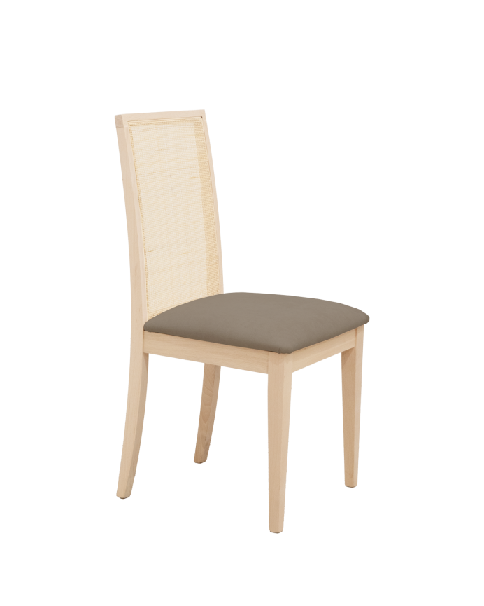 Cadeira estofada em marrom taupe com pernas de madeira em tom natural de 955cm