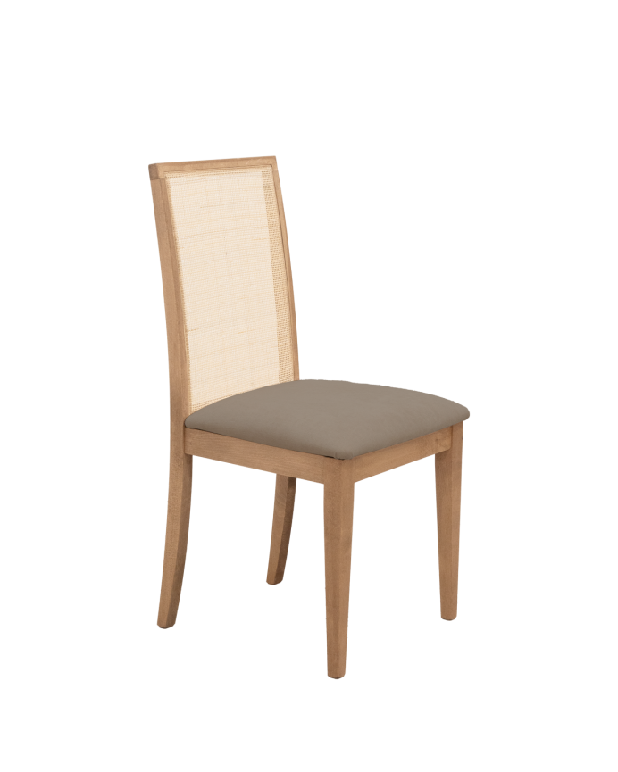 Cadeira estofada em marrom topo com pernas de madeira em tom de carvalho escuro de 955cm
