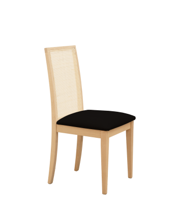 Cadeira estofada de cor preta com pernas de madeira em tom de carvalho médio de 955cm