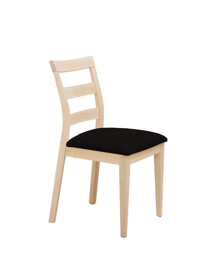 Cadeira estofada em preto com pernas de madeira em tom natural de 89cm