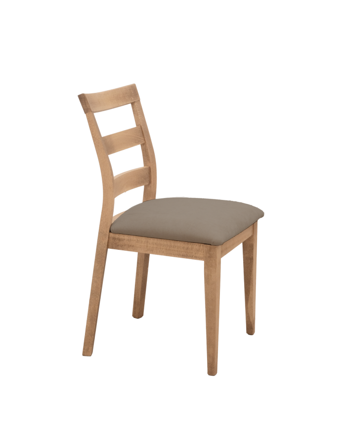 Cadeira estofada em marrom taupe com pernas de madeira em tom de carvalho escuro 89cm